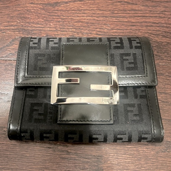 FENDI Black Canvas Leather Zucca Trifold Wallet - Picture 1 of 5